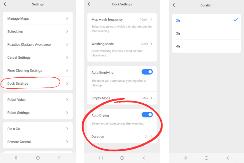 Различные настройки для сушки салфетки на станции Roborock S8 Pro Ultra.